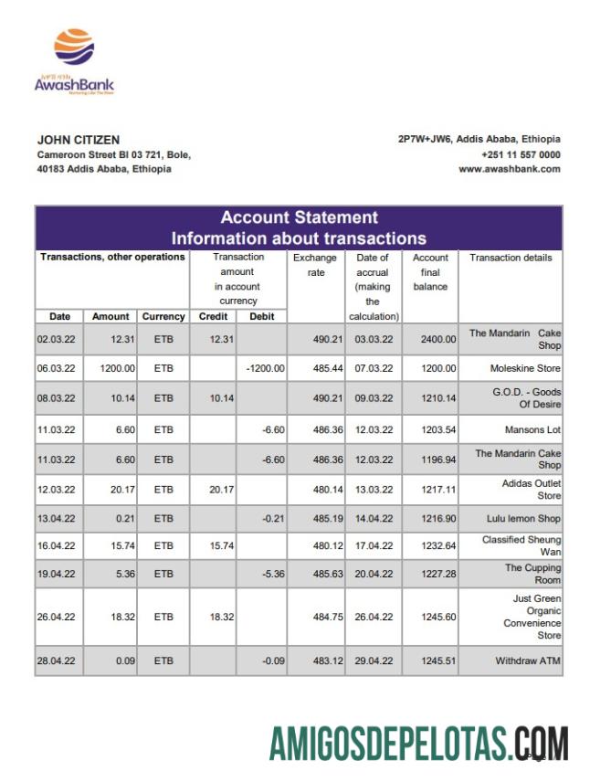 Modelo Xls do Extrato Bancário Awash da Etiópia